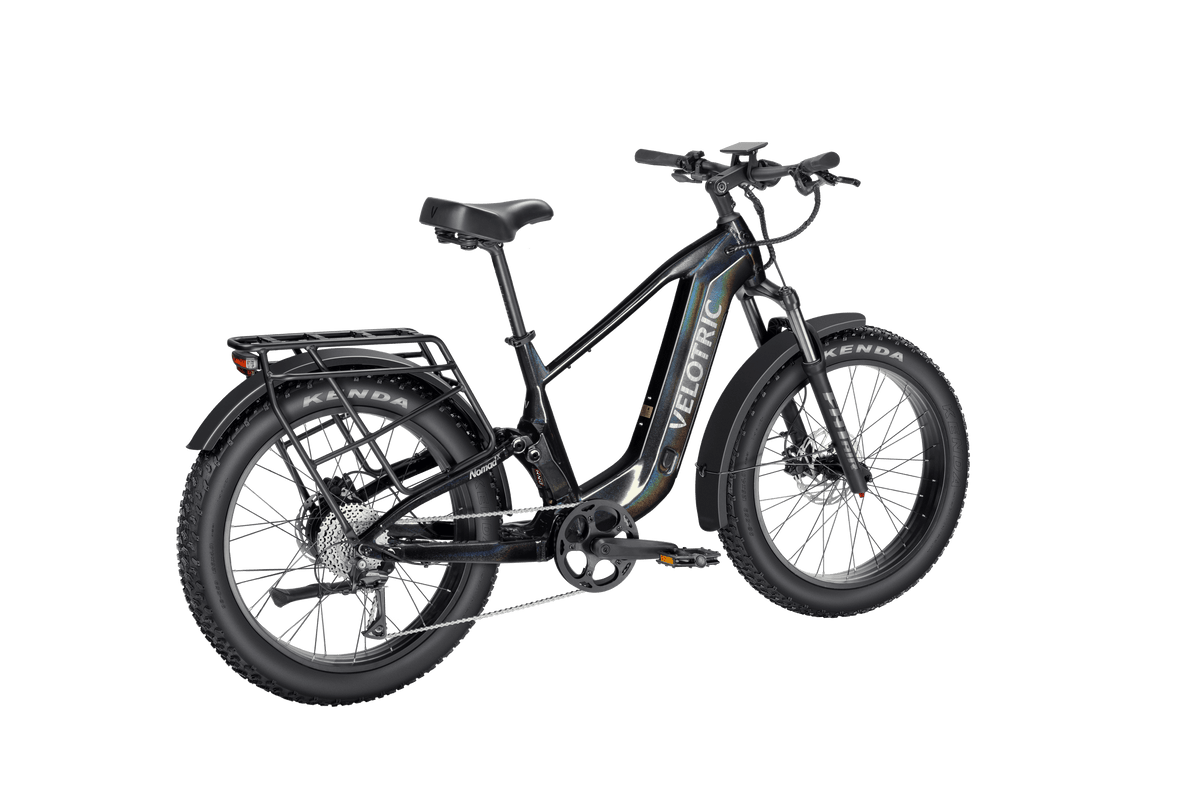 Velotric Nomad 2X Full Suspension Fat Tire Ebike in Obsidian rear view