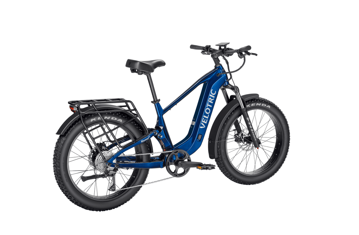 Velotric Nomad 2X Full Suspension Fat Tire Ebike in Royal Blue rear view