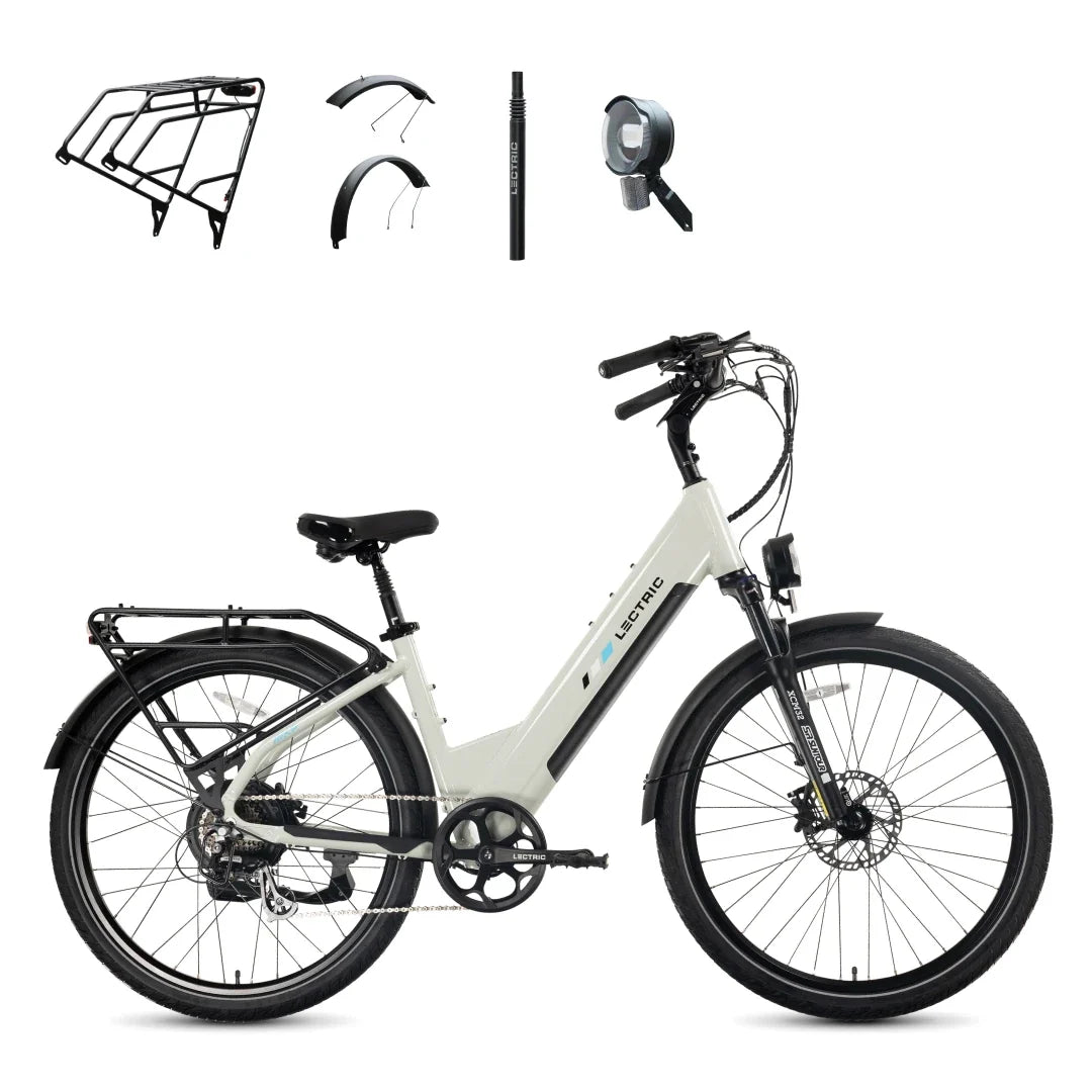 XPress2 Stratus White Cruiser + FREE Rear Rack, Fenders, Elite Headlight, Suspension Seat Post ($336 Value)